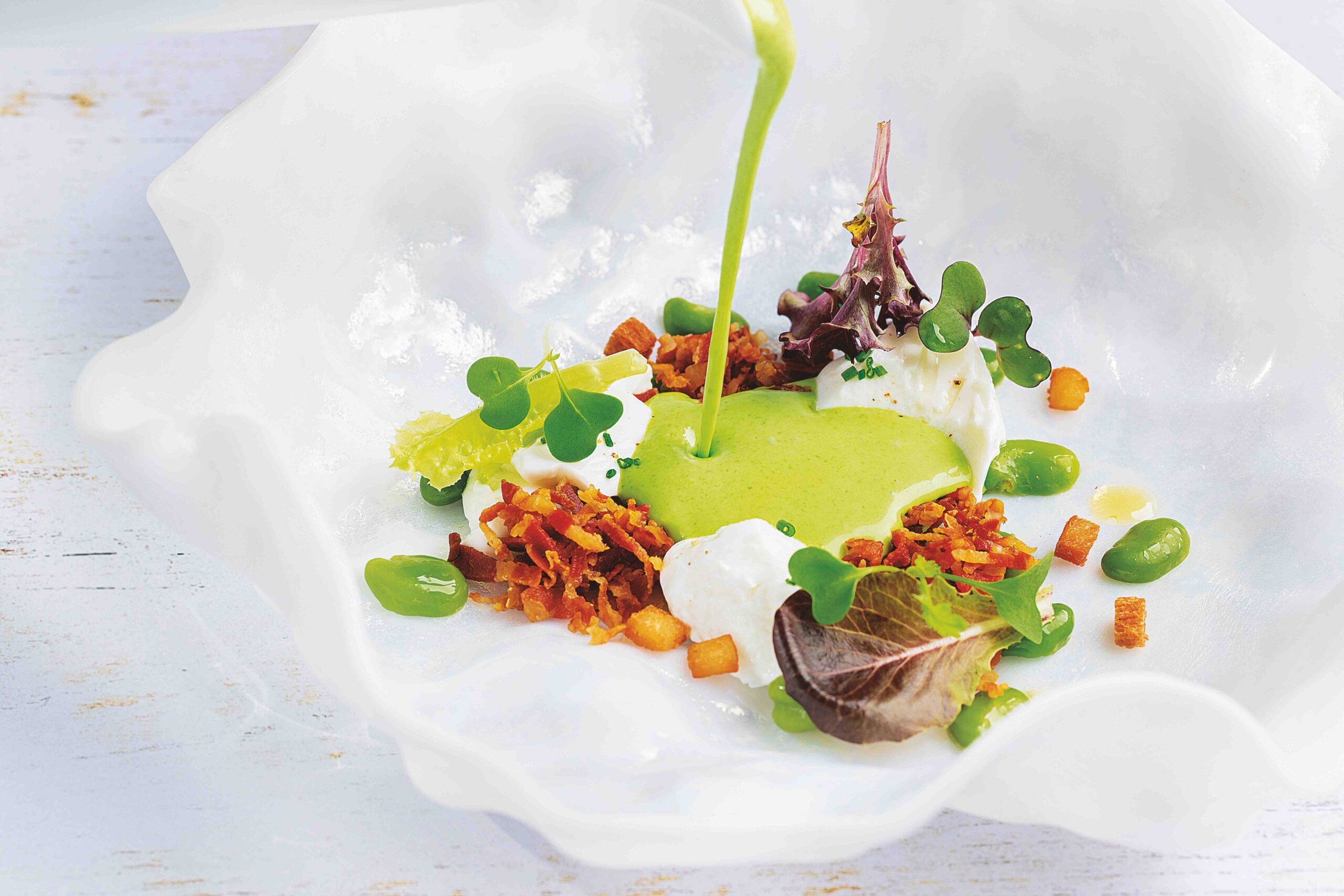 Sopa cremosa de habas con requesón de oveja y panceta ibérica 